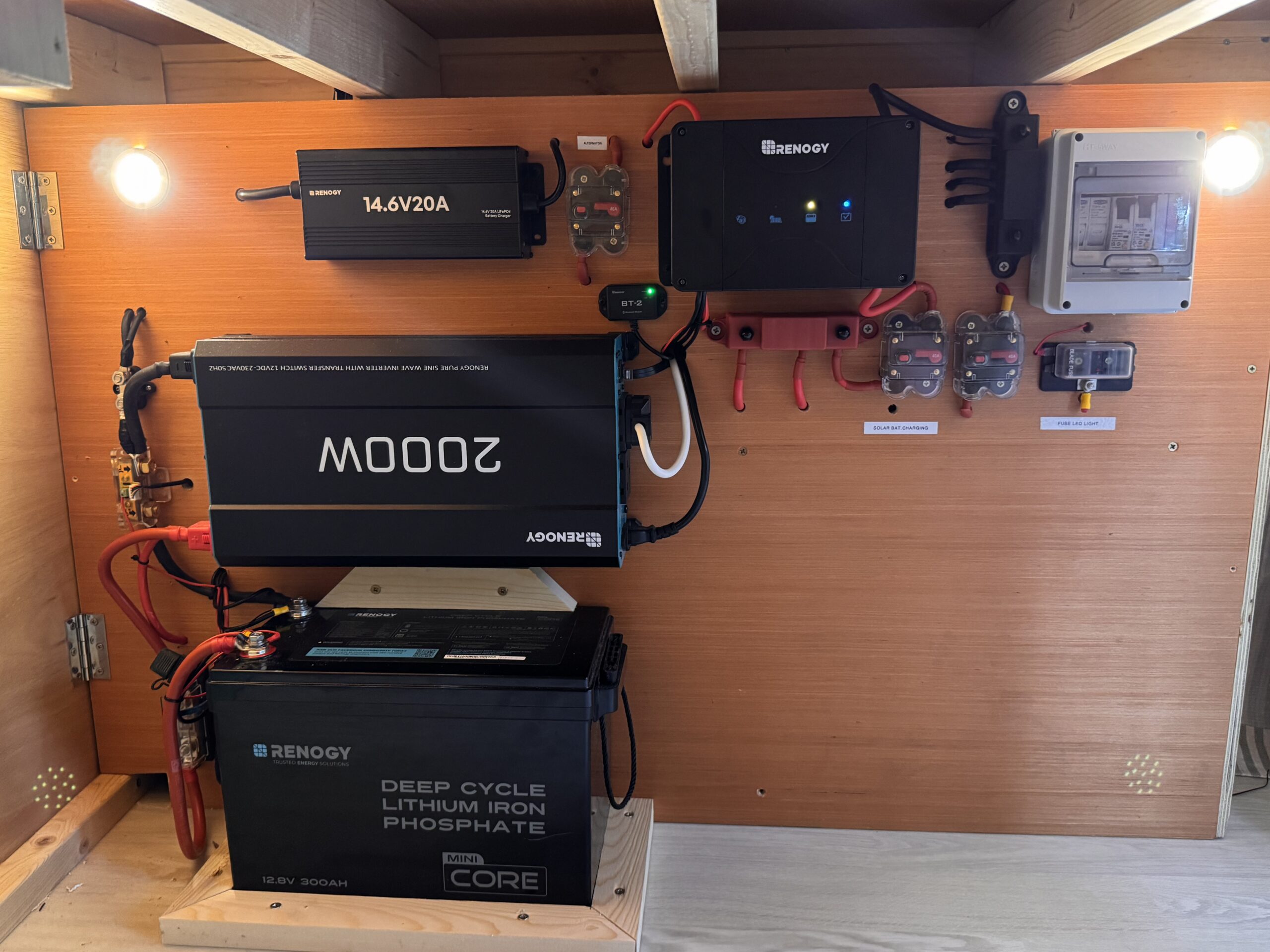 Campervan electrical system with battery, inverter, charger and wiring