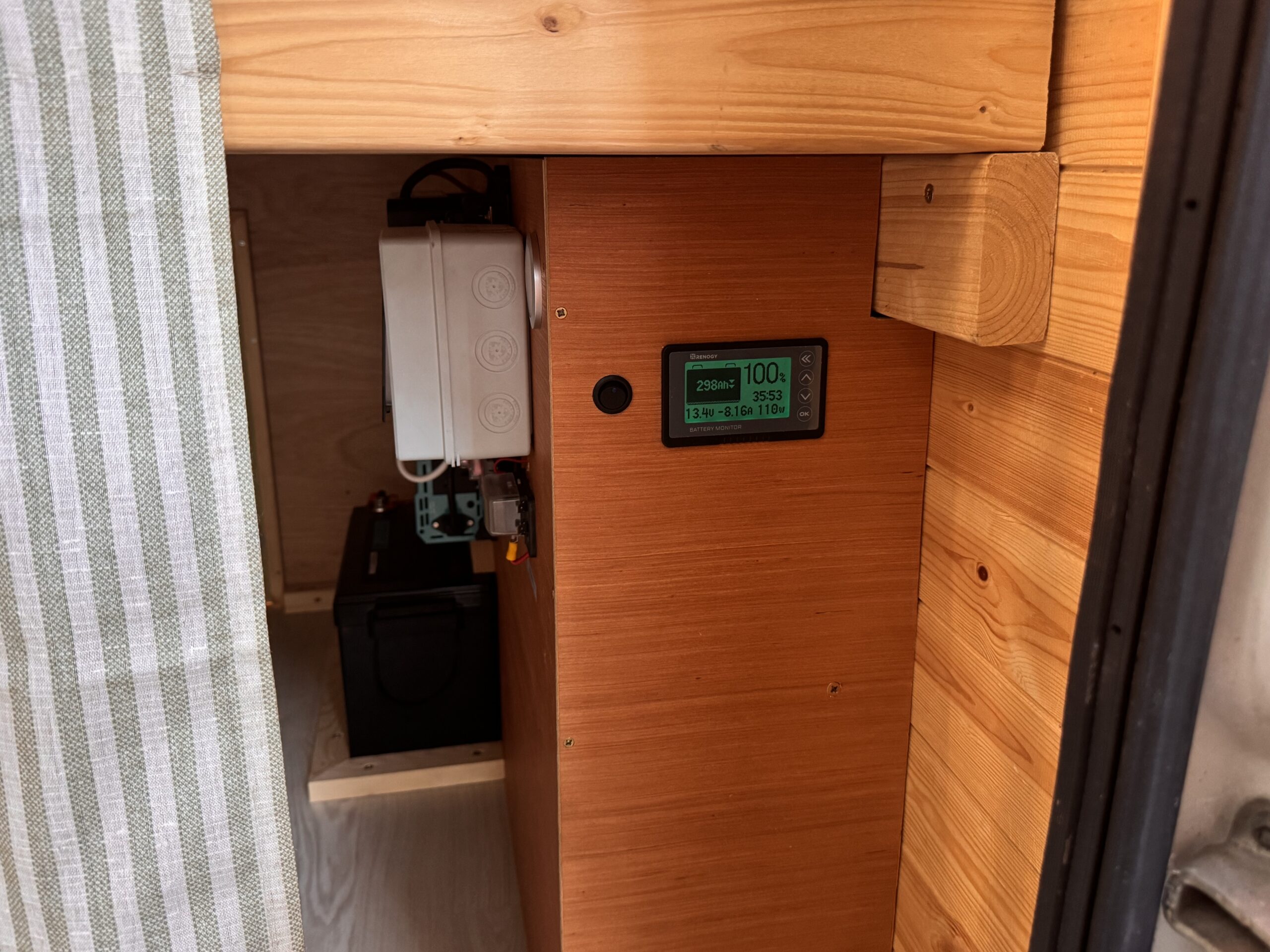 Campervan battery monitor and electrical components in a wood enclosure